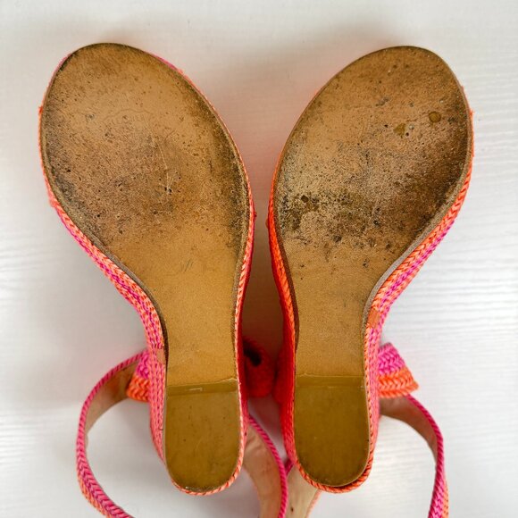 Stuart Weitzman Sherbert Laniard Pink Orange Braided Leather Wedge Sandals - Picture 10 of 11